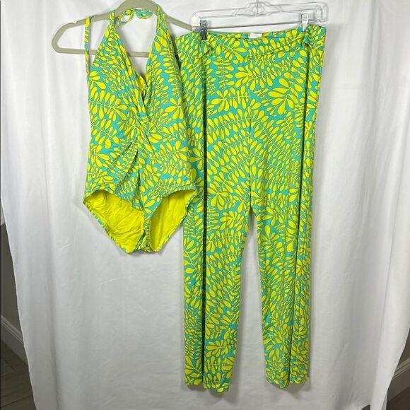 Trina Turk Trellis Halter One-Piece Swimsuit and Pants Leaf Print size 12 XL - Picture 1 of 3